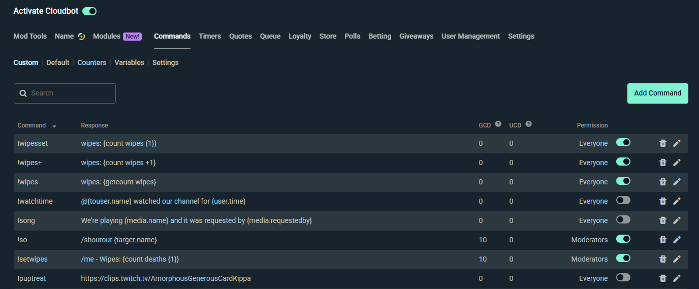 Streamlabs Cloudbot custom commands area that shows a variety of commands made by this creator.